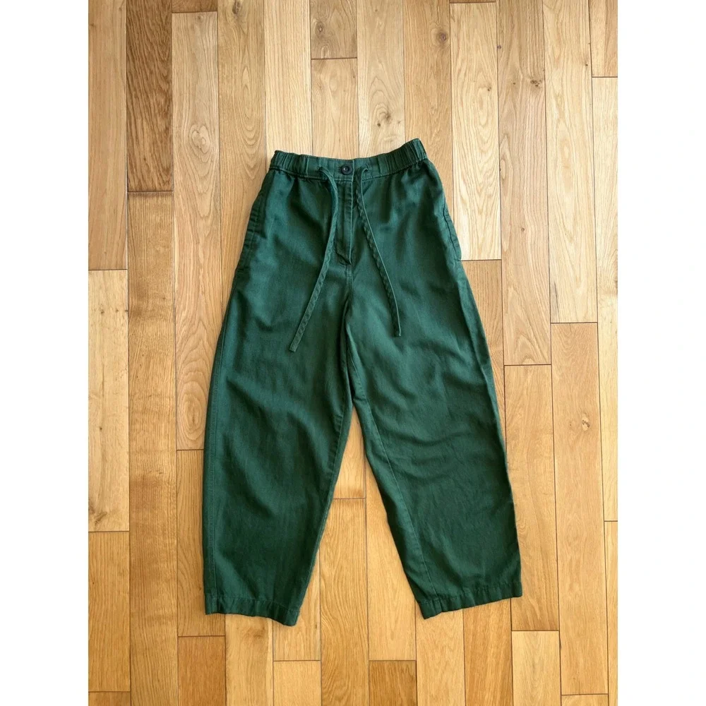 COS Barrel Leg Drawstring Cropped Trouser Pants in Green Cotton Linen Size 2